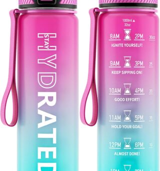 QLUR Water Bottle with Straw, 32oz Motivational Water Bottles with Time Marker to Drink, Tritan BPA Free, 1L Sports Water Bottle with Carry Strap LeakProof for Women Gym Fitness Outdoor (1 Pack)